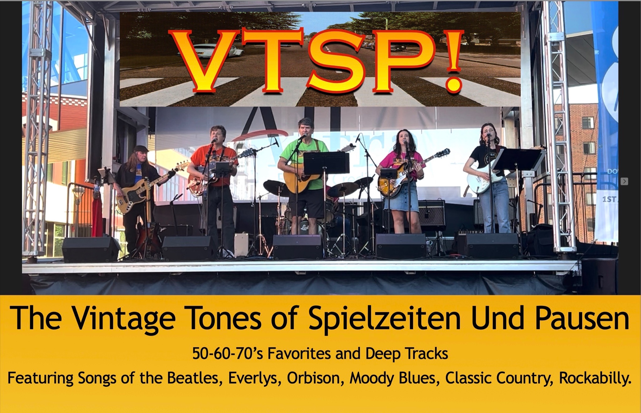 The Vintage Tones of Spielzeiten Und Pausen perform 50s-60s-70s favorites and deep tracks featuring songs of The Beatles, Everlys, Orbison, ELO, Moody Blues, Emmy Lou Harris, Classic Country, and Rockabilly.